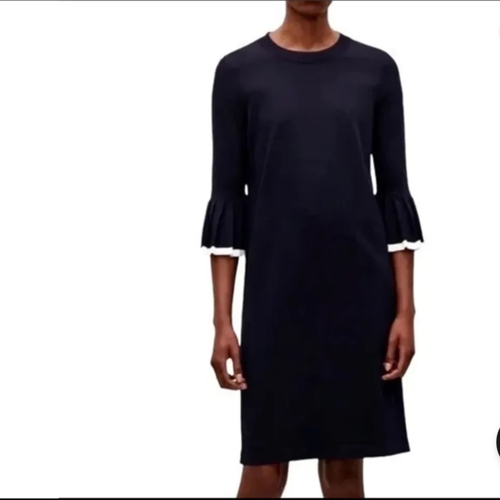 COS BLACK STRETCHY DRESS WITH WHITE TRIM ON PLEATED CUFFS